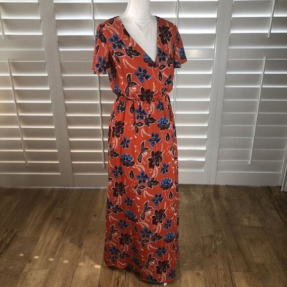 Crescent Surplice Mock Wrap Maxi Dress Small Flutter Sleeve Coral Floral Print - Picture 6 of 12